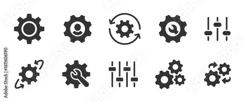 Settings icon set. Gear symbols with tools, sliders and rotation arrows vector illustration. Represents configuration, customization and system management symbol. Black glyph icon set.