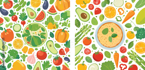 A vibrant diptych illustration of healthy eating with a salad and soup surrounded by fresh vegetables and fruits.