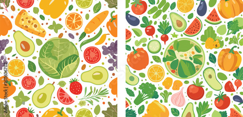 A set of two colorful seamless patterns featuring fresh vegetables, fruits, and healthy food ingredients.
