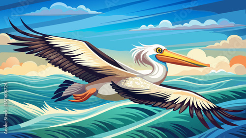 A pelican glides just above the ocean surface, wings stretched wide as waves roll gently below