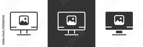 Computer image icon. Monitor screen with photo gallery picture vector illustration. Digital multimedia content on desktop display symbol. Snapshot and artwork file sign.