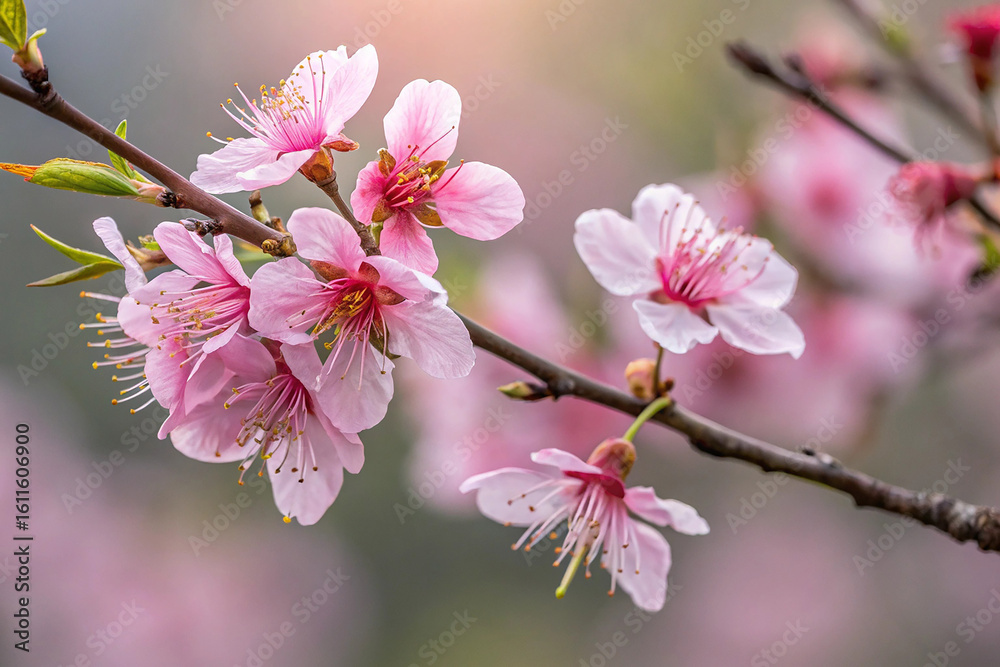 Obraz premium Wild Himalayan Cherry. pink flowers. Closeup of Wild Himalayan Cherry (Prunus cerasoides) or thai sakura flower at Chiang Mai Royal Agricultural Research Center (Khun Wang). Chiang Mai, Thailand.