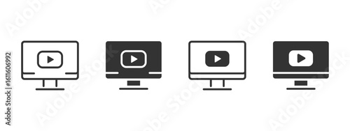 Video play icon. Computer screen with multimedia playback button vector illustration. Online streaming and digital content interface symbol. Internet player for watching clips sign.