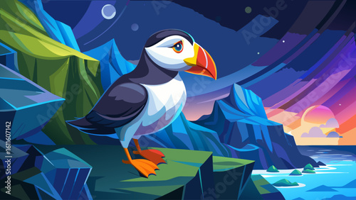 A puffin stands on a rocky seaside cliff, colorful beak glowing against the crashing waves below