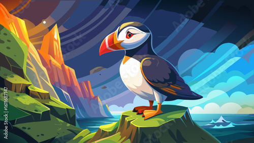 A puffin stands on a rocky seaside cliff, colorful beak glowing against the crashing waves below