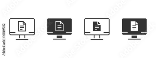 Document icon. Computer screen with digital file and text page vector illustration. Managing reports and data symbol. Paperwork and record storage sign.
