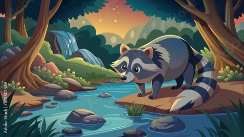 A raccoon dips its paws into a shallow creek at twilight, searching curiously under smooth river stones