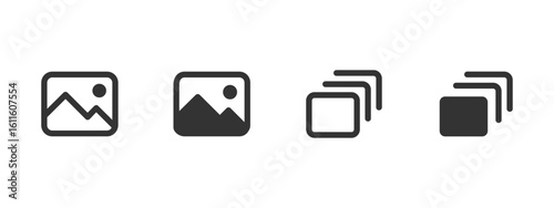 Gallery image icon. Single photo preview and multiple stacked pictures vector illustration. Digital media archive for photo storage symbol. Photography album and artwork display sign.