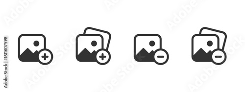 Gallery management icon. Adding and removing images in digital media collections vector illustration. Photo album editing and picture organization symbol. Multimedia content control sign.