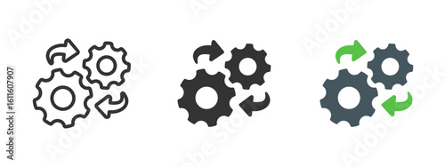 Settings process icon. Rotating gears with arrows symbolizing automation and workflow optimization vector illustration. System configuration and update management symbol. Engineering efficiency sign.
