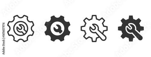 Settings tools icon. Gear with wrench symbolizing configuration, repair, and technical maintenance vector illustration. System adjustment and customization symbol. Engineering and support sign.
