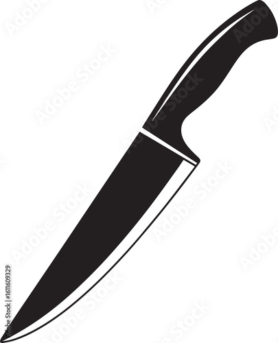Black silhouette of a classic chef's knife with a sharp, pointed blade and an ergonomic handle.