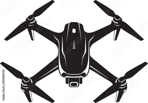 Graphic black silhouette of a modern quadcopter drone with stylized highlights and a camera.