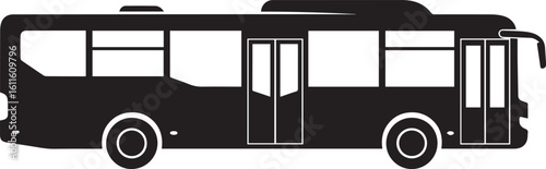 Graphic silhouette of a modern city bus in profile view with open front doors.