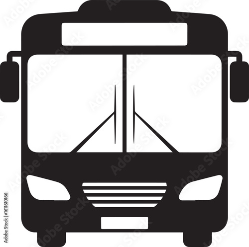 Minimalist black silhouette of a public bus, front view. A simple graphic icon for transportation.