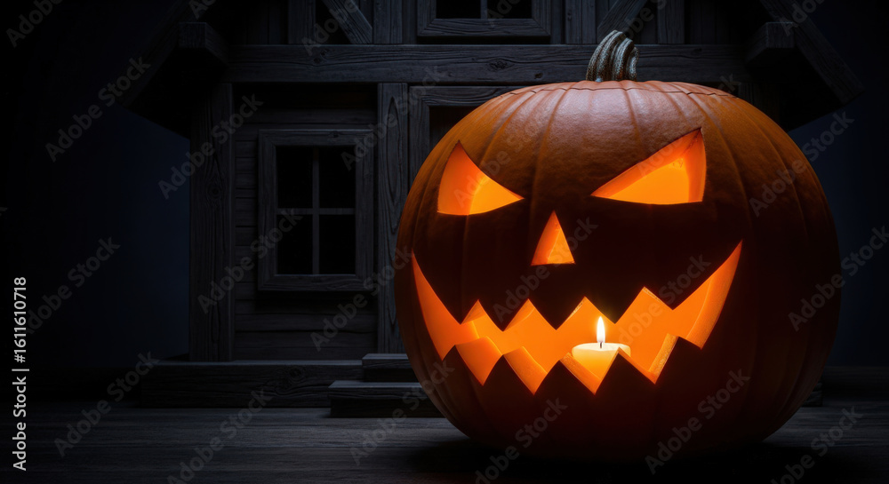Fototapeta premium A Close-Up of a Carved Pumpkin with a Sinister Grin, Illuminated by a Flickering Candle, Standing Before a Rustic Wooden Structure, Evoking a Sense of Anticipation