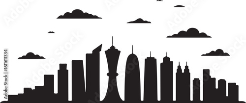 Black silhouette of Doha skyline, includes Aspire Tower, skyline towers, Qatar skyline in flat black silhouette