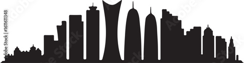 Black silhouette of Doha skyline, includes Aspire Tower, skyline towers, Qatar skyline in flat black silhouette