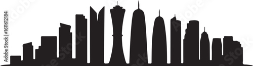 Black silhouette of Doha skyline, includes Aspire Tower, skyline towers, Qatar skyline in flat black silhouette