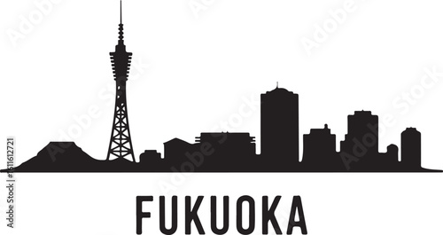 Black silhouette of Fukuoka skyline, includes Fukuoka Tower, harbor buildings, Japanese city vector on white
