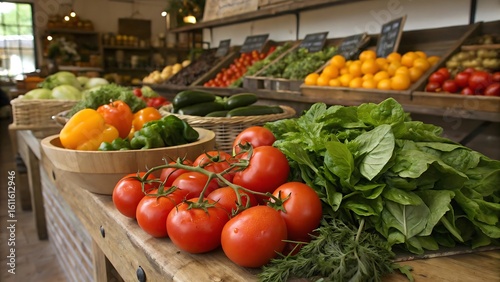 A display of fresh produce at a market with tomatoes peppers and other vegetables on wooden shelves