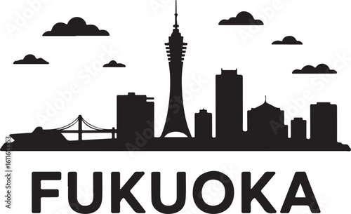 Black silhouette of Fukuoka skyline, includes Fukuoka Tower, harbor buildings, Japanese city vector on white
