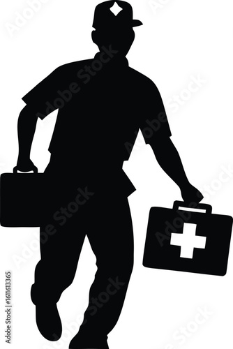 Paramedic silhouette. This image showcases a bold black silhouette of a paramedic, also called an EMT or first responder, holding medical equipment.