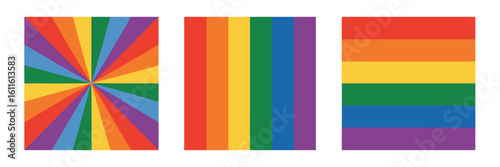 Rainbow Vector Panels, Radiating Pattern, Vertical Lines, and Traditional Pride Flag Layout for Colorful Backgrounds, Celebration Graphics, and Diversity Concepts