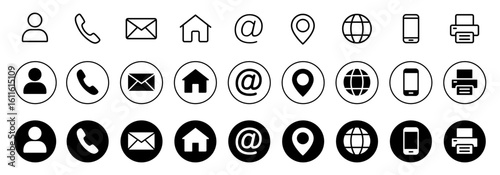Contact icon set, contact us in line and solid style. Business card or website icons set address, location, number, fax, email, phone, website, message, name icon collection, communication contact