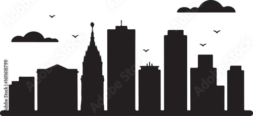 Black silhouette of Medellín skyline, includes Coltejer Building, Andean foothills, Colombian city in flat silhouette style