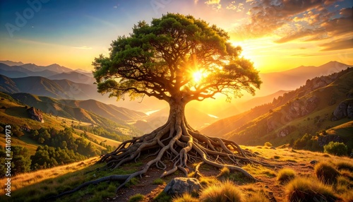 Ancient Tree with Gnarled Roots Bathed in a Radiant Mountain Sunset