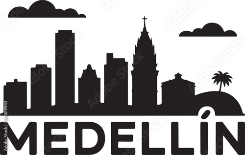 Black silhouette of Medellín skyline, includes Coltejer Building, Andean foothills, Colombian city in flat silhouette style