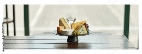 Vector art of an elegant cheese and wine platter featuring a variety of cheeses, grapes, and olives, set on a wooden table near a window, creating a luxurious and inviting scene