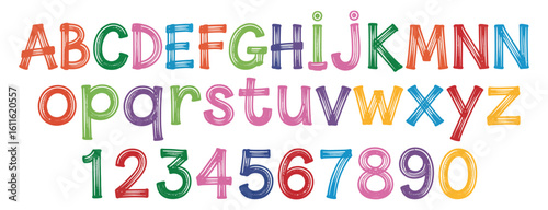 Vector art of a colorful handwritten alphabet and numbers isolated on white background, perfect for educational materials