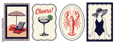 Vector art of vintage summer illustrations featuring beach scenes, cocktails, and a woman in a swimsuit
