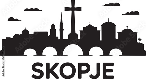 Black silhouette of Skopje skyline, includes Stone Bridge, Millennium Cross, Macedonian capital cityscape in flat design