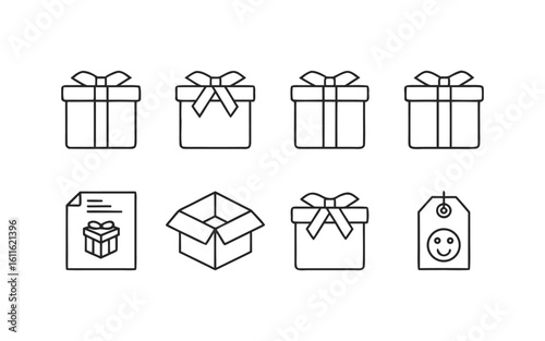 Gift and Celebration Line Icons Set – Includes Gift Boxes, Tags, Open Packages, Envelope with Star, and Smiley Face