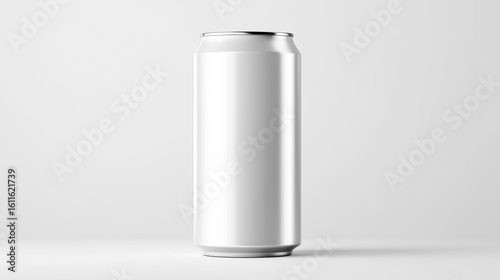 A blank white aluminum can standing on a plain white background, perfect for product mockup or branding design.