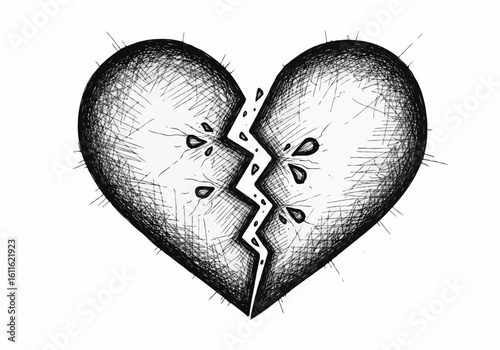 Sketch of a broken heart with tears and jagged crack design