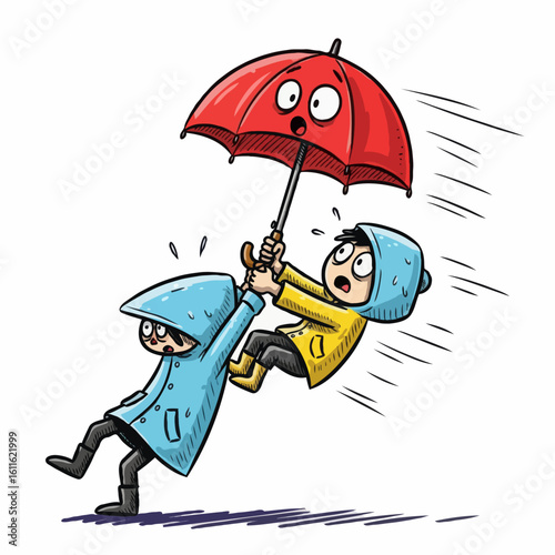 Cartoon illustration of people being carried by an umbrella