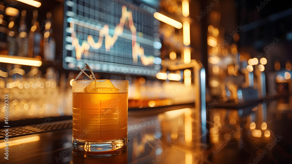 custom made wallpaper toronto digitalA sophisticated cocktail on a bar counter with blurred financial stock market data in the background.