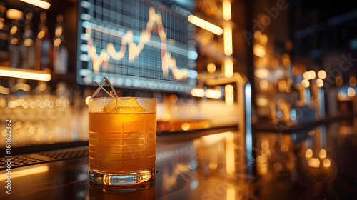 Wallpaper Mural A sophisticated cocktail on a bar counter with blurred financial stock market data in the background. Torontodigital.ca