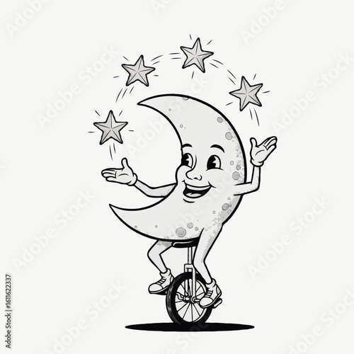 Moon character riding unicycle and juggling with stars around