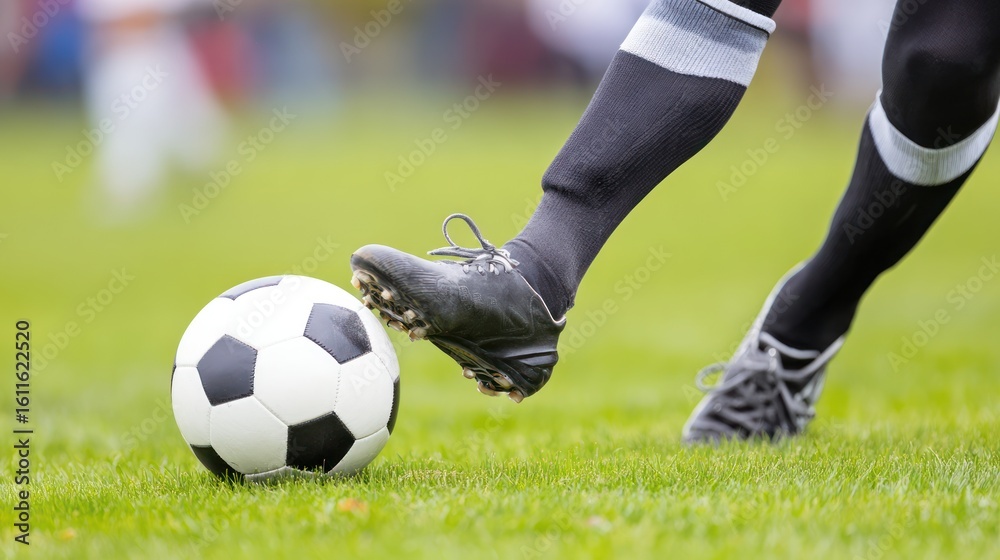 Fototapeta premium Soccer Player Kicking Ball on Grass Field During Outdoor Game