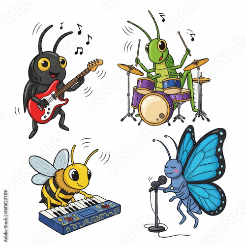 Cartoon insects playing music instruments in a band together