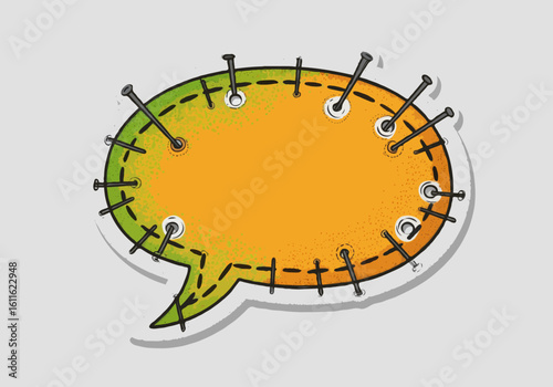 Speech bubble pinned with nails and stitched around the edges