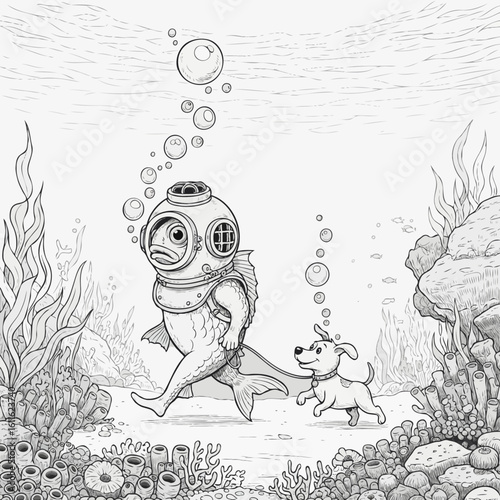 A fish in a diving suit walking a dog underwater scene