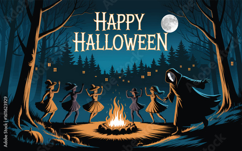 Spooky Halloween Campfire Scene with Witches and Monster Nearby