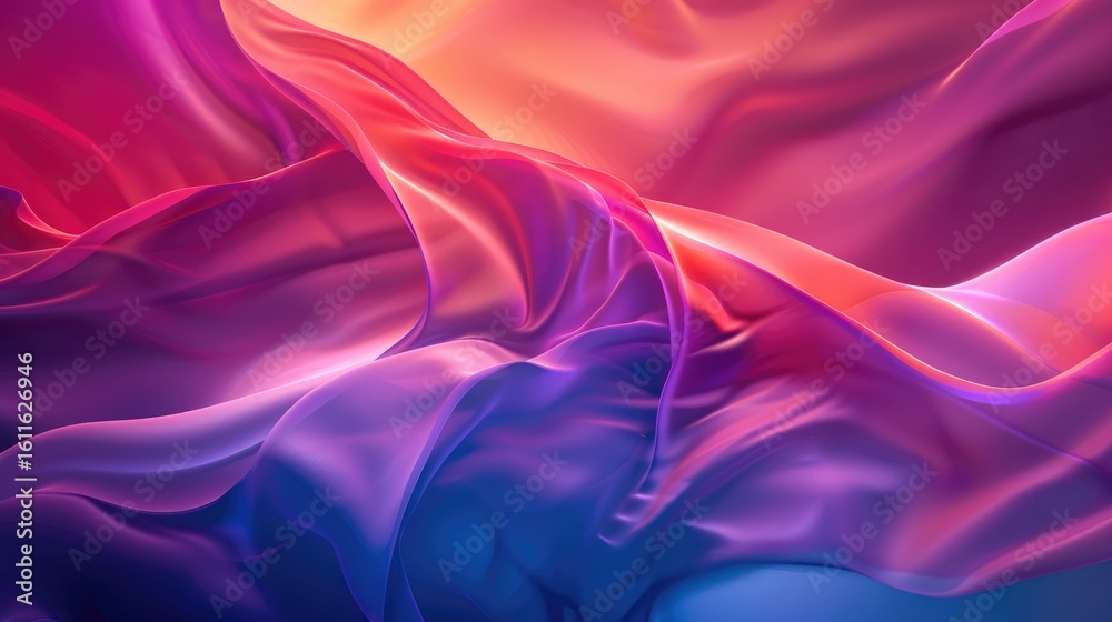 Obraz premium Abstract image of flowing, luminous fabric in vibrant hues of pink, purple, and orange; smooth, glossy texture with dramatic folds and highlights