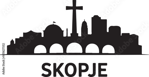 Black silhouette of Skopje skyline, includes Stone Bridge, Millennium Cross, Macedonian capital cityscape in flat design